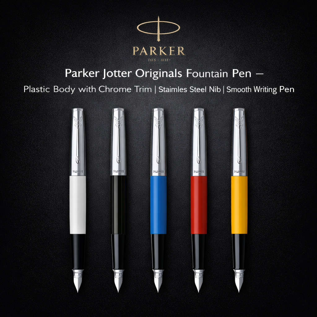 Parker Jotter Originals Fountain Pen – Plastic Body with Chrome Trim | Stainless Steel Nib | Smooth Writing Pen