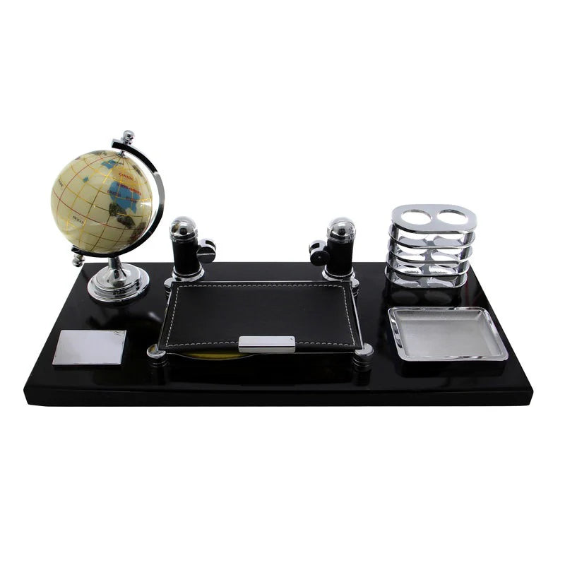 Elegant Black &amp; Silver Executive Desk Organizer Set (with Globe, Pen Holders, Card &amp; Note Tray